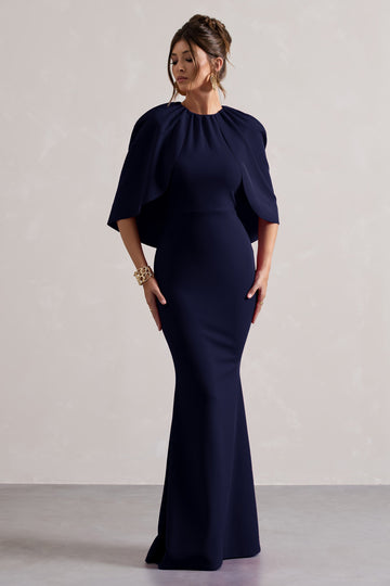 Kianne Navy Draped Short-Sleeve Maxi Dress